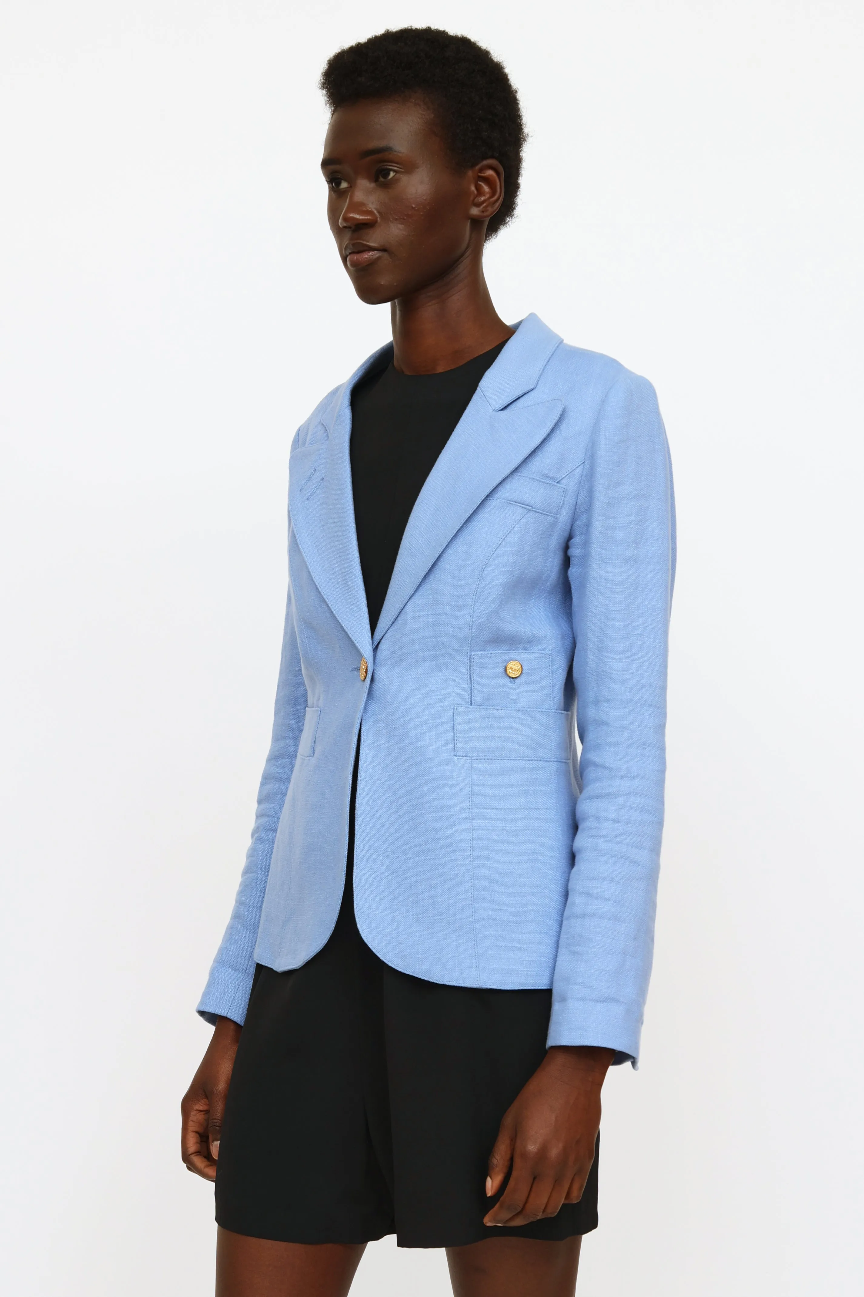 Blue Linen Button Blazer