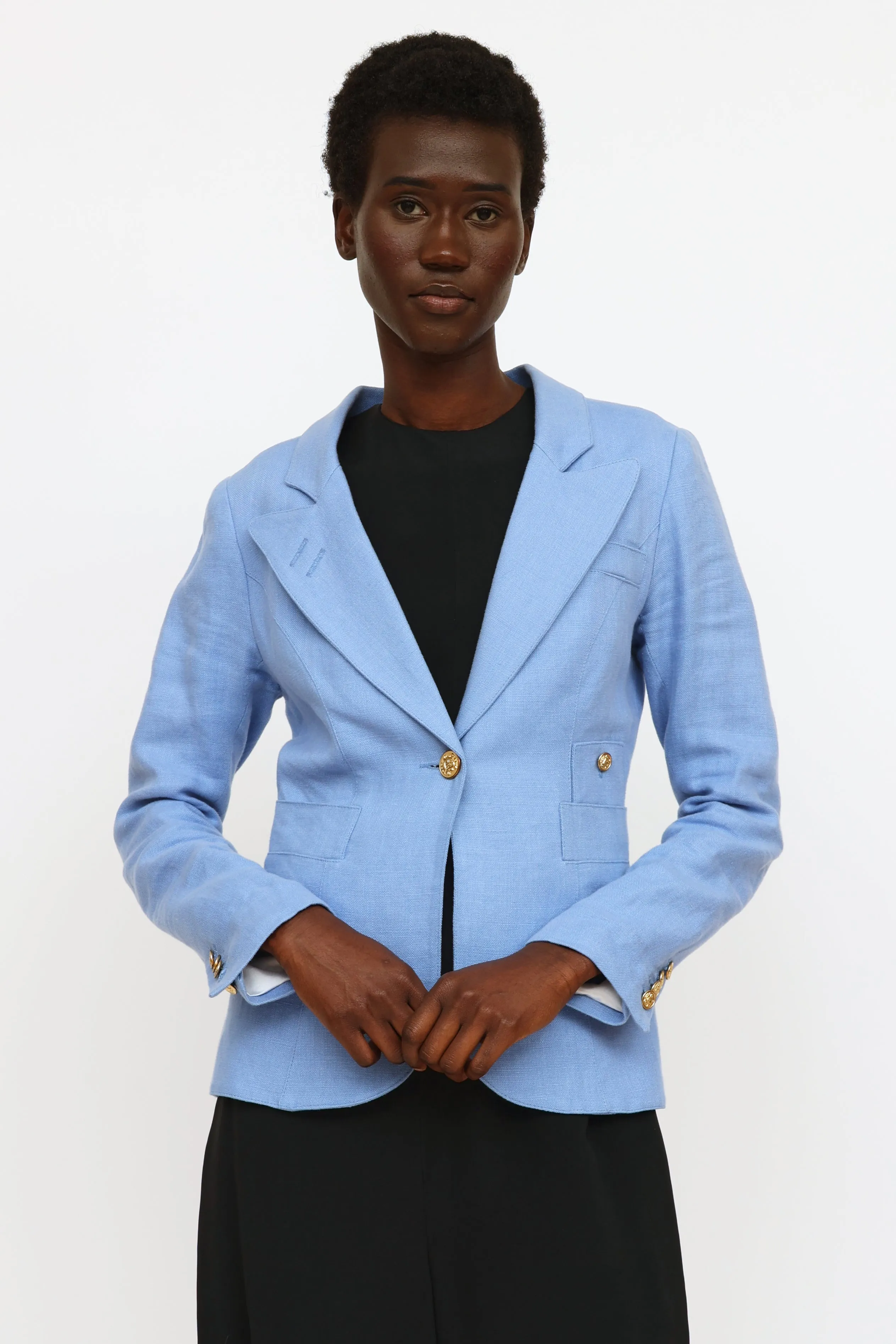 Blue Linen Button Blazer